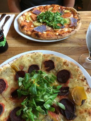 White Pizza on gluten-free crust and potato pizza  at Plads'n in Copenhagen