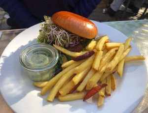 Burger and fries at Plads'n in Copenhagen