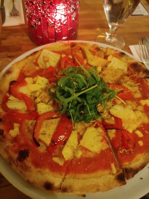 Hawaiian pizza; pineapple, tofu, and peppers! at Plads'n in Copenhagen