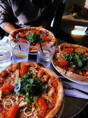 tofu pizza, hawaii and potato at Plads'n in Copenhagen