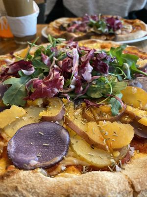 “Kartoflen” -super lækker pizza med 4 forskellige slags kartofler. Mega lækker og perfekt bund! at Plads'n in Copenhagen