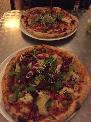 Hawaiian and artichoke pizzas at Plads'n in Copenhagen