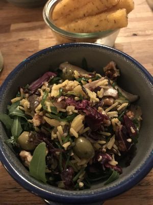 Rice salad with arugula and dried tomatoes at Plads'n in Copenhagen