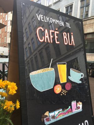 Cafe Blå sign at Cafe Blå in Copenhagen