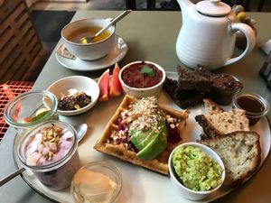 Brunch plate with tea at Cafe Blå in Copenhagen