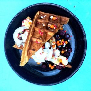 Sweet waffle w/ vanilla & chocolate at Cafe Blå in Copenhagen