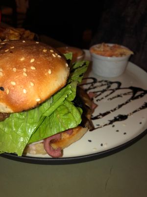 Their Portobello burger with a side of coleslaw  at Cafe Blå in Copenhagen