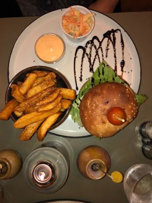 Portobello burger with fries and coleslaw at Cafe Blå in Copenhagen