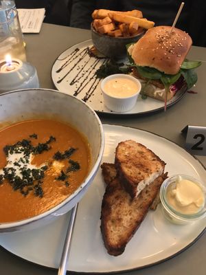 Soup of the day and burger. Vegan.  at Cafe Blå in Copenhagen