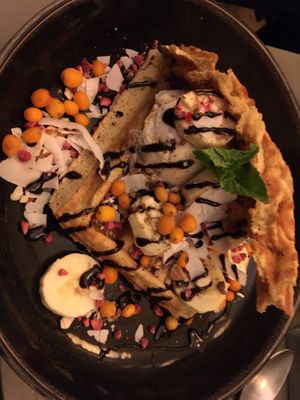 Chickpea waffle dessert at Cafe Blå in Copenhagen