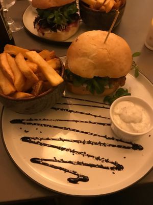 Curry tofu burger and chips - yum! at Cafe Blå in Copenhagen