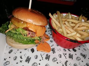 Harlem Fake burger with fries at Fat Hippo in Newcastle Upon Tyne