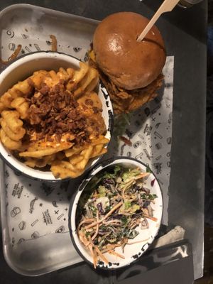 Kuhla Faka Burger and purple slaw; starter of dirty waffles  at Fat Hippo in Newcastle Upon Tyne