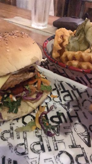 Vegan burger and waffle fries! at Fat Hippo in Newcastle Upon Tyne