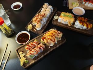 Spicy California, Popcorn, Firecracker, Rainbow, Aloha, and Vegas rolls at Spicy Tuna Sushi in Holland