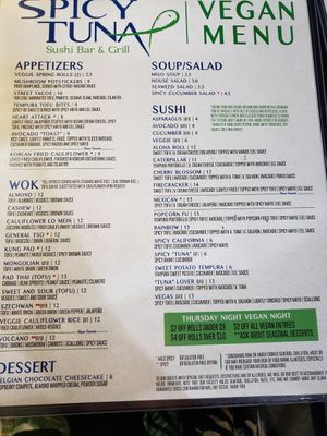 Vegan menu at Spicy Tuna Sushi in Holland