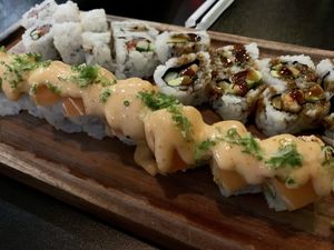 Vegan spicy tuna roll (top left), vegan sweet potato roll (top right), vegan Vegas roll (bottom)  at Spicy Tuna Sushi in Holland