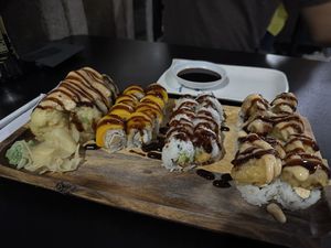 From left: firecracker, aloha (w/o jalapeño), sweet potato tempura, and popcorn fu rolls  at Spicy Tuna Sushi in Holland