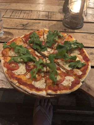 Garden pizza with cashew cheese, delicious!! at The Bus Bar in 