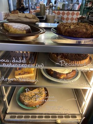 Pies: some are vegan (nut/fruit pie, nut/date bar and carrot cake)  at Rabarber in Utrecht
