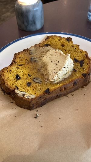 Pumpkin bread with miso butter  at Rabarber in Utrecht