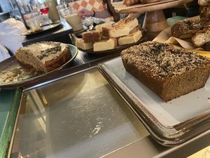 Carrot cake (left) and banana bread (front, right) are vegan. They’re not that good, so I won’t go back for them.  at Rabarber in Utrecht