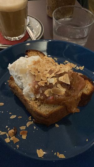 Vegan brioche with almond cream and rhubarb compote. So comforting! The brioche was fluffy and the toppings paired perfectly   at Rabarber in Utrecht