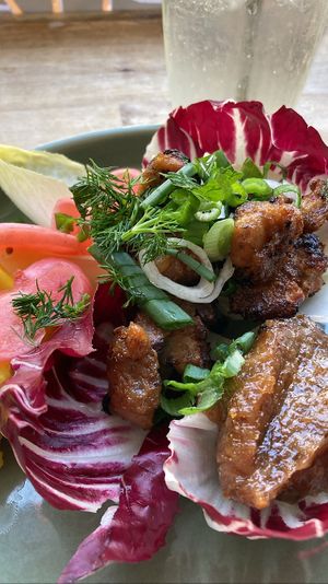 Homemade tempeh with tamarind chutney and pickled veggies: can a dish be more balanced and perfect?   at Rabarber in Utrecht
