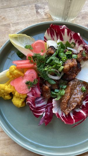 Homemade tempeh with tamarind chutney and pickled veggies: can a dish be more balanced and perfect?   at Rabarber in Utrecht