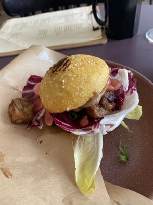 Tempeh (of white and red beans) bun: very tasty. at Rabarber in Utrecht