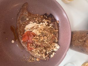 Buckwheat pancakes with plums, soy ricotta, syrup and spices (amazing!)  at Rabarber in Utrecht