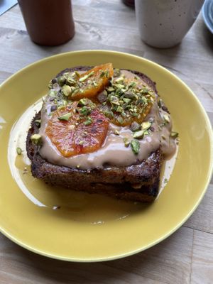 Wentelteefjes with blood orange, pistachio and a creamy rosehip sauce: very good  at Rabarber in Utrecht