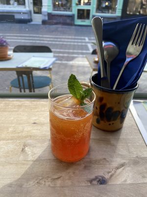 Kombucha with rooibos, ginger and chili pepper: strong and spicy. I prefer their other kombuchas. at Rabarber in Utrecht