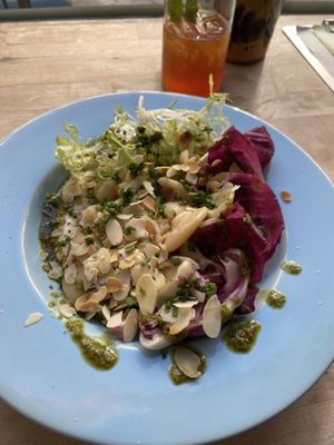Butterbeans with aioli and mojo verde: quite tasty, but too light/small. It’s better to order the supplement (pita or sourdough bread). at Rabarber in Utrecht