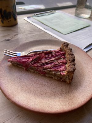 Rhubarb pie with almond: decent, but a bit sour and with a quite hard crust. at Rabarber in Utrecht