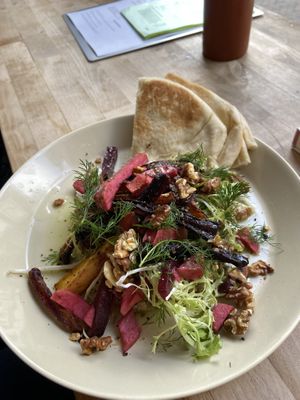 Fava beans dip with pita, turnip, roasted carrot and walnuts: tasty, especially the fresh pita. at Rabarber in Utrecht