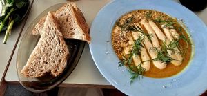 Carrot lava soup with sourdough bread at Rabarber in Utrecht