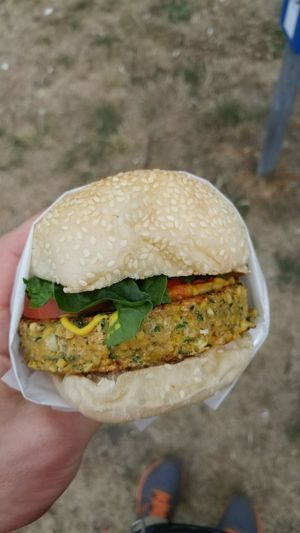 Handmade chickpea burger at Moy Rico in Victoria