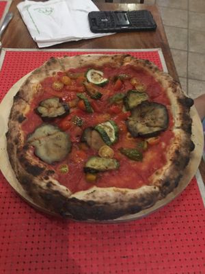 Veganised "Vegetariana", with lashings of tomato paste, eggplant/aubergine, courgettes, pepper and cherry tomatoes.  at El Sapo in Tamarindo