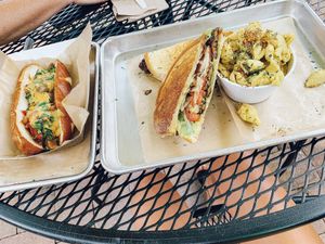 Chile dog and TALT sandwhich with Mac n cheeze at Golden Dinosaurs in Gulfport