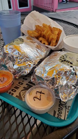 Burgers, fries, popcorn chick'n and dips at Golden Dinosaurs in Gulfport