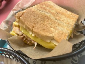 Vegan Cuban. Believe cheese is Follow Your Heart brand. The meat is Seitan and Jackfruit…usually not a jackfruit person but this was amazing at Golden Dinosaurs in Gulfport