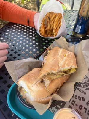 Waffle fries and cubano  at Golden Dinosaurs in Gulfport