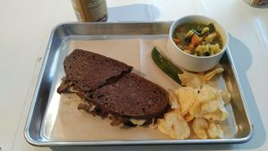 Pastrami Reuben with Curry Cauliflower soup at Golden Dinosaurs in Gulfport