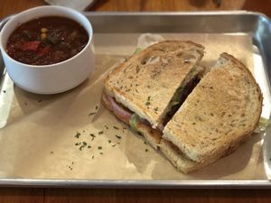 Buffalo Tempeh Sandwich & Chili at Golden Dinosaurs in Gulfport
