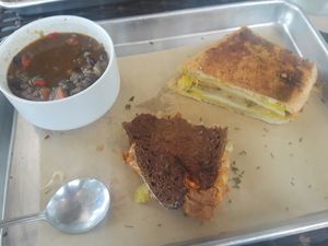 Half cuban, half Reuben & black bean soup at Golden Dinosaurs in Gulfport