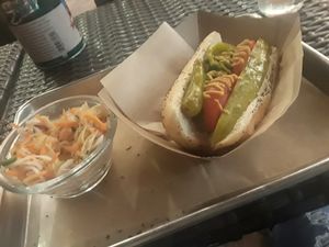 Chicago dog & pineapple slaw at Golden Dinosaurs in Gulfport
