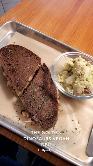 Pastrami Ruben with potato salad at Golden Dinosaurs in Gulfport