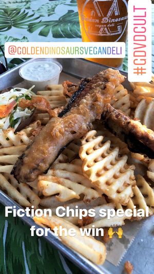 Nori (seaweed) wrapped tempeh with waffle fries at Golden Dinosaurs in Gulfport