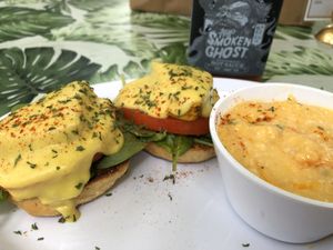 The Benedict with cheez grits at Golden Dinosaurs in Gulfport